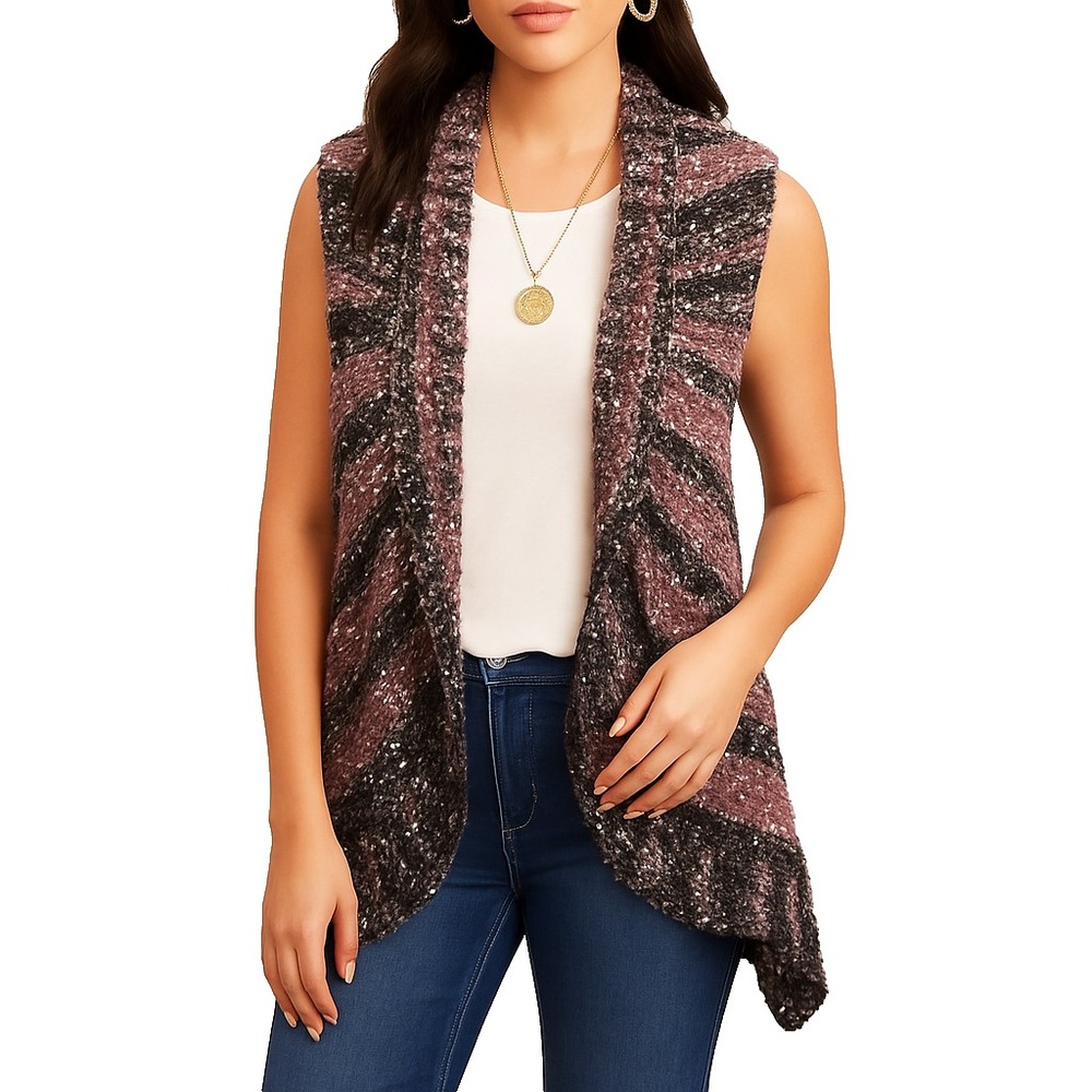 Simply Noelle Striped Textured Open Front Vest Cardigan One Size Boho Layering